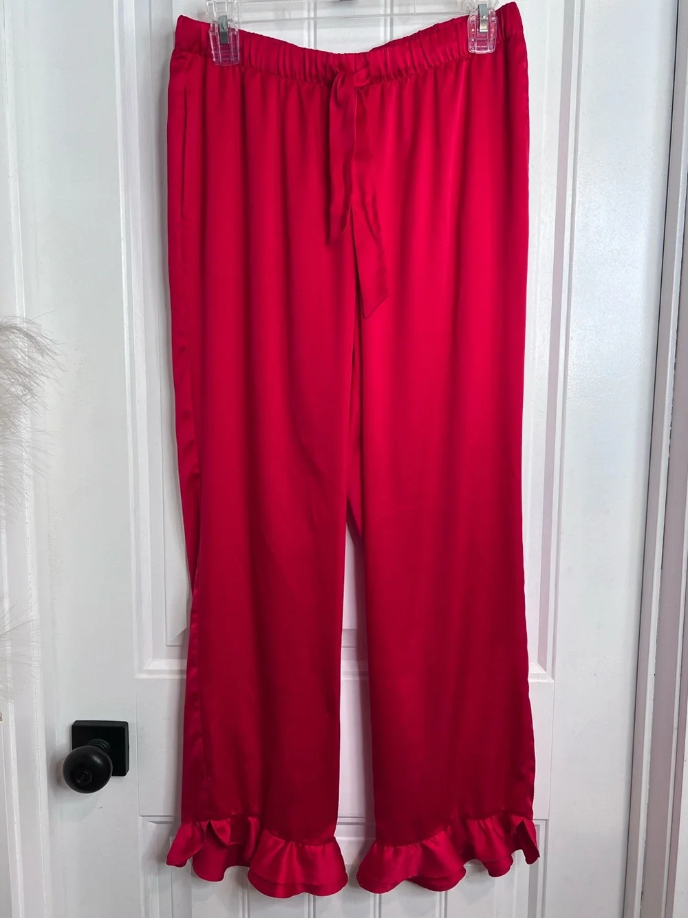 Victoria's Secret Bright Red Satin Pajama Set White Piping Trim. Size Small.